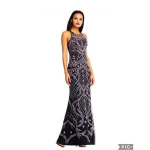 Aidan Mattox beaded gown sz 14,runs small & fits like a 6, black,‎ silver Prom